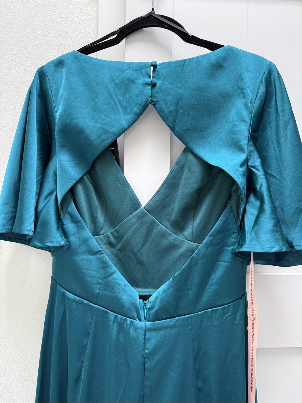 NWT Lulus Elegant Confidence Teal Satin Flutter Sleeve Maxi Dress L (US 10-12) - Picture 7 of 13